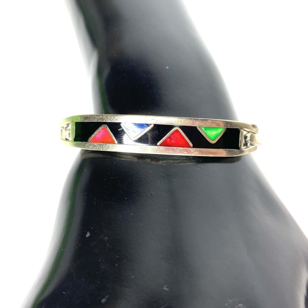 Alpaca Mexico Silver Bracelet Multi Color Inlay Southwestern Style Hinged Cuff
